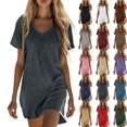 thumbnail image 1 of Women’s V Neck T Shirt Dress Casual Loose Mini Dress Short Sleeve Tunic Dress Soft Lightweight Summer Lounge Daily Wear, 1 of 7