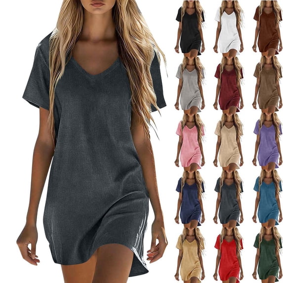 Women’s V Neck T Shirt Dress Casual Loose Mini Dress Short Sleeve Tunic Dress Soft Lightweight Summer Lounge Daily Wear