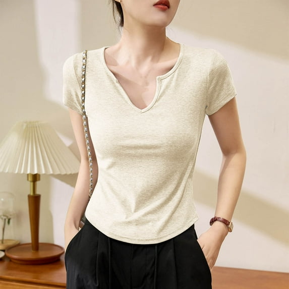 Women's V-Neck T-Shirt, Loose Fit Casual Top, Versatile Stretch Shirt, Breathable Cotton Blended Fabric