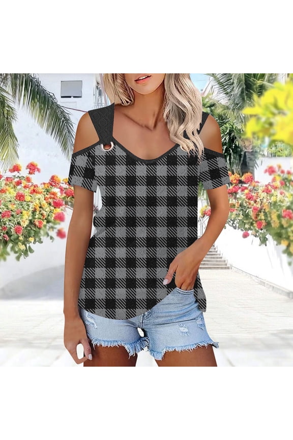 Women's V-Neck T-Shirt, Loose Fit Short Sleeve Blouse with Lattice Stripe and Breathable Design for Casual Summer Wear