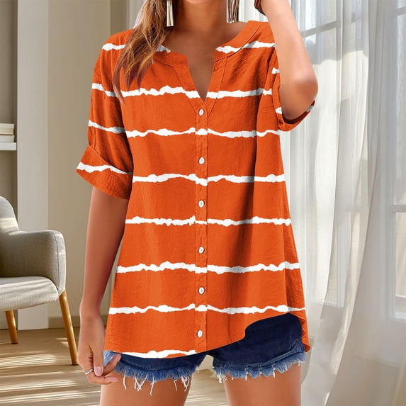 Women's V-Neck T-Shirt, Loose Fit Short Sleeve Top, Striped Color Block Casual Shirt for Summer
