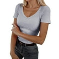 thumbnail image 1 of Women's V Neck T Shirt Rib Knit Short Sleeve Slim Fit Sexy Summer Casual Wear, 1 of 4