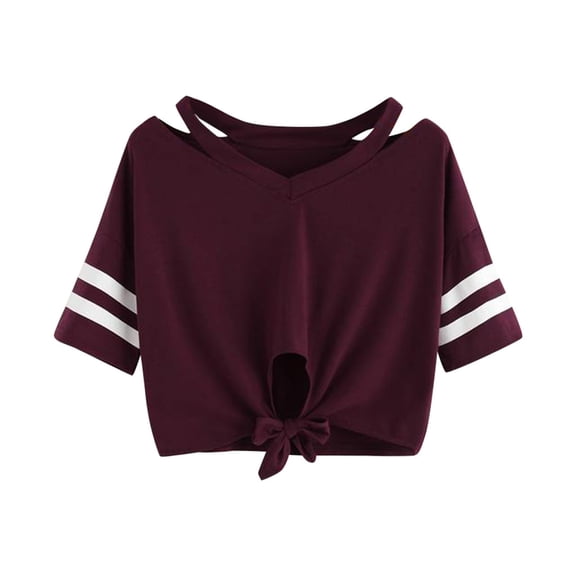 Women's V-Neck T-Shirt Short Sleeve Tie Front Cut Out Blouse Causal Fashion Striped Color Block Crop Tops