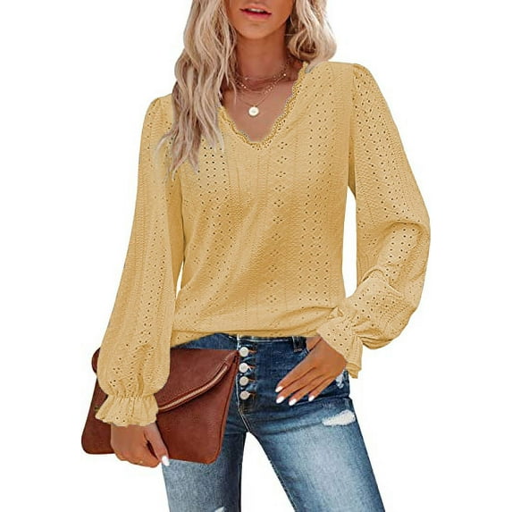 Women's V Neck T-Shirt Spring and Autumn Hollow Casual Pleated Sleeve Top Shirt