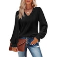 thumbnail image 1 of Women's V Neck T-Shirt Spring and Autumn Hollow Casual Pleated Sleeve Top Shirt, 1 of 6