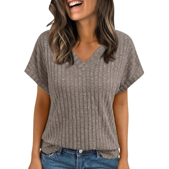 Women's V-Neck T-Shirt, Summer Casual Short Sleeve Blouse, Solid Color Polyester Top for Daily Wear