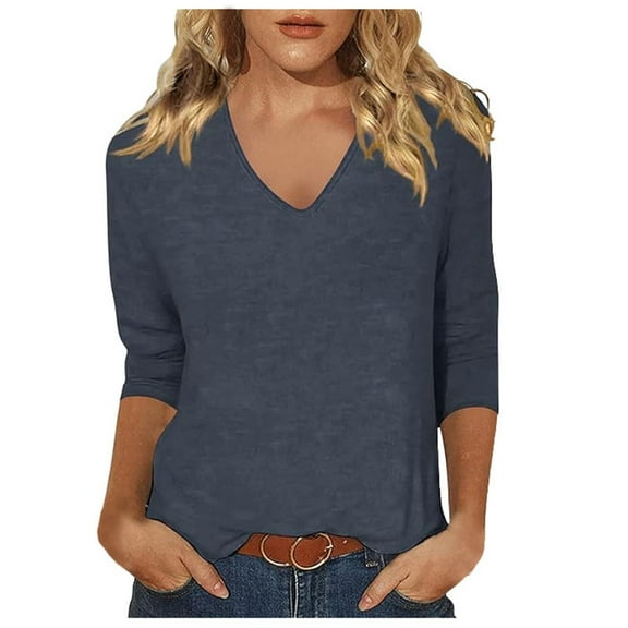 Women's V Neck T-Shirt Summer Fashion Comfortable Casual Fit 3/4 Sleeve Soft Breathable Stretchy Tee for Everyday Wear