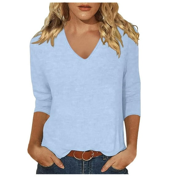 Women's V Neck T-Shirt Summer Fashion Comfortable Casual Fit 3/4 Sleeve Soft Breathable Stretchy Tee for Everyday Wear