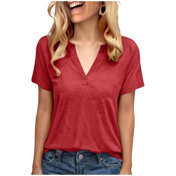 Women’s V-Neck T-Shirt Summer Loose Short Sleeve Tops Fashion Casual Versatile Basic Tee,Red,XL