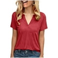 thumbnail image 1 of Women’s V-Neck T-Shirt Summer Loose Short Sleeve Tops Fashion Casual Versatile Basic Tee,Red,XXL, 1 of 9