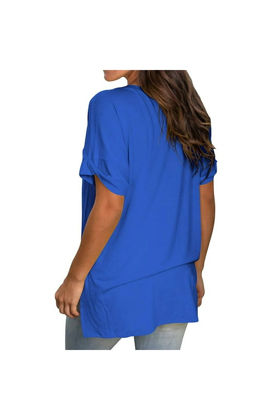 Women's V Neck T-Shirt Summer Short Sleeve Side Split Plain Tunic Tops Casual Comfort Solid Color Loose Tee Shirts