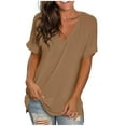 thumbnail image 1 of Women's V Neck T-Shirt Summer Short Sleeve Side Split Plain Tunic Tops Casual Comfort Solid Color Loose Tee Shirts, 1 of 1