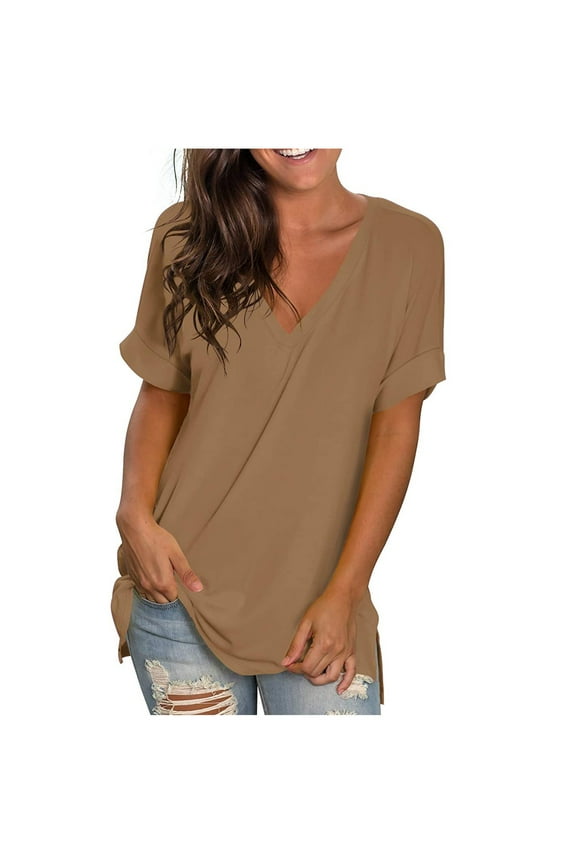 Women's V Neck T-Shirt Summer Short Sleeve Side Split Plain Tunic Tops Casual Comfort Solid Color Loose Tee Shirts