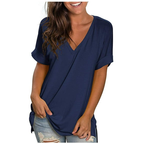 Women's V Neck T-Shirt Summer Short Sleeve Side Split Plain Tunic Tops Casual Comfort Solid Color Loose Tee Shirts