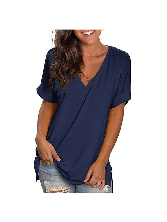 Women's V Neck T-Shirt Summer Short Sleeve Side Split Plain Tunic Tops Casual Comfort Solid Color Loose Tee Shirts