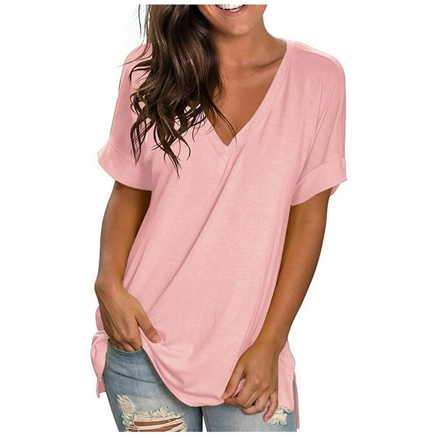Women's V Neck T-Shirt Summer Short Sleeve Side Split Plain Tunic Tops ...