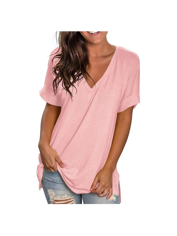 Women's V Neck T-Shirt Summer Short Sleeve Side Split Plain Tunic Tops Casual Comfort Solid Color Loose Tee Shirts