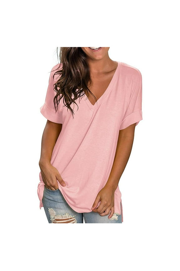Women's V Neck T-Shirt Summer Short Sleeve Side Split Plain Tunic Tops Casual Comfort Solid Color Loose Tee Shirts