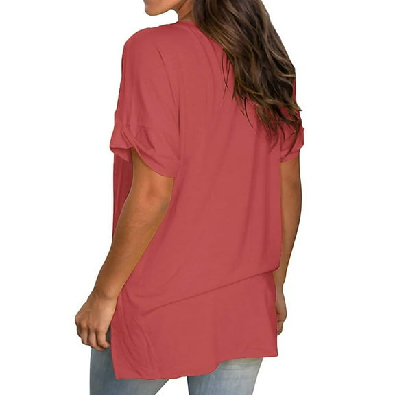Women's V Neck T-Shirt Summer Short Sleeve Side Split Plain Tunic Tops Casual Comfort Solid Color Loose Tee Shirts
