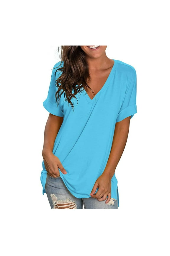 Women's V Neck T-Shirt Summer Short Sleeve Side Split Plain Tunic Tops Casual Comfort Solid Color Loose Tee Shirts