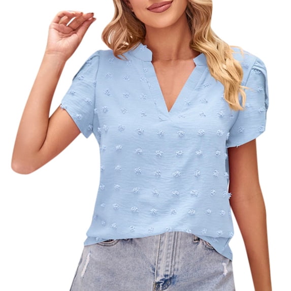Women's V Neck T Shirt With Chiffon Pompom Detail Casual Summer Top