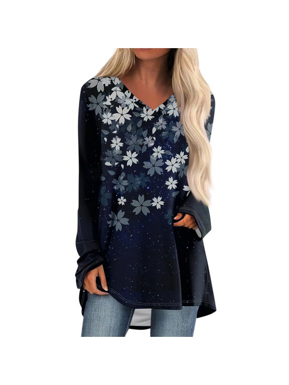 Women's V-Neck T-Shirt with Cherry Blossom Star Gradient Graphic Loose Swing Hem Tee Daily Soft Casual Style Top