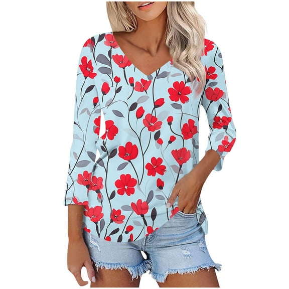 Women's V Neck T Shirts 3/4 Sleeve Blouse Summer Tops Dressy Casual Solid Basic Tees