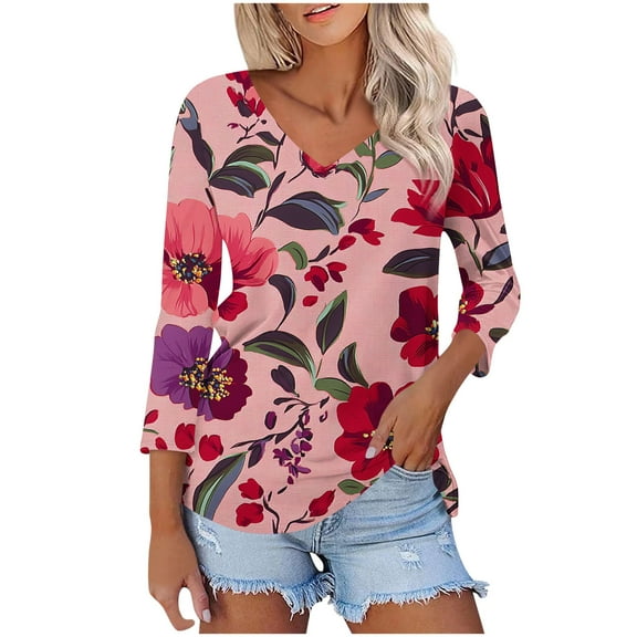 Women's V Neck T Shirts 3/4 Sleeve Blouse Summer Tops Dressy Casual Solid Basic Tees