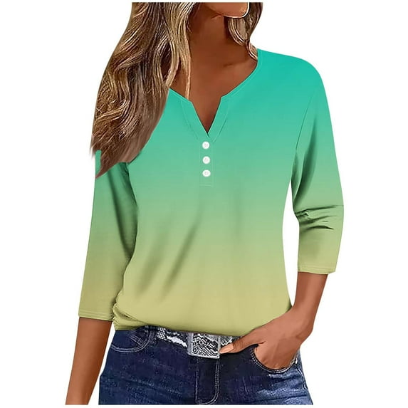 Women's V Neck T Shirts 3/4 Sleeve Gradient Color Printed Casual Tee Tshirts for Fall Summer Spring Plus Size (S, Green)