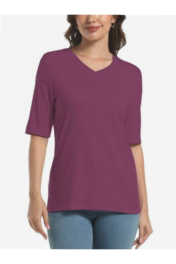 Women's V Neck Basic Summer Casual Elbow Length T Shirts
