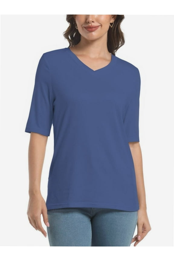 Women's V Neck Basic Summer Casual Elbow Length T Shirts