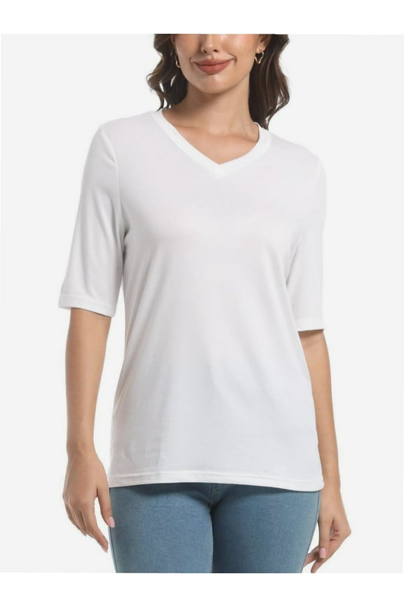 Women's V Neck Basic Summer Casual Elbow Length T Shirts