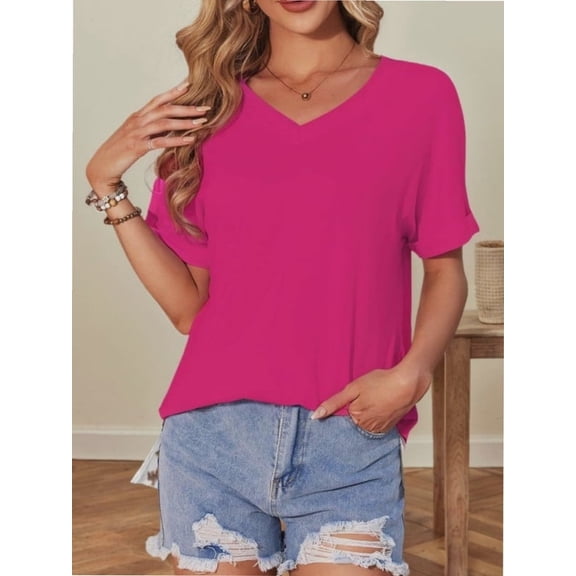 Women's V Neck T Shirts Casual Rolled Short Sleeve Side Split Summer Tops Loose Fit