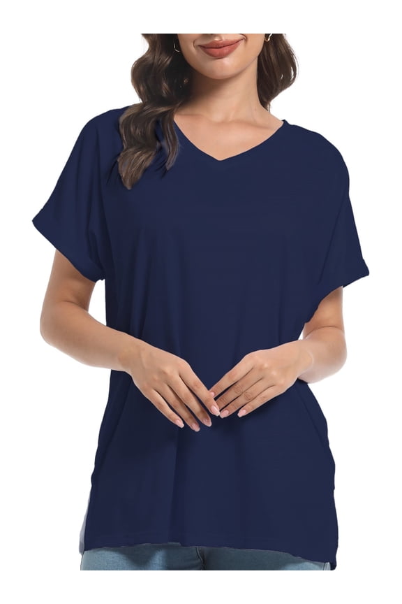 Women's V Neck T Shirts Casual Rolled Short Sleeve Side Split Summer Tops Loose Fit