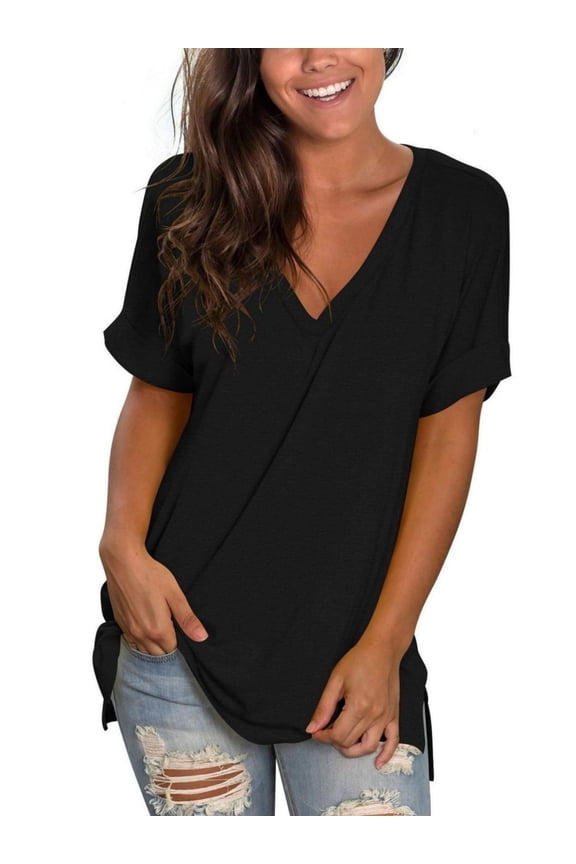 Women's V Neck T Shirts Casual Rolled Short Sleeve Side Split Summer Tops Loose Fit