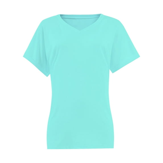 Women's V Neck T Shirts Casual Rolled Short Sleeve Side Split Summer Tops Loose Fit