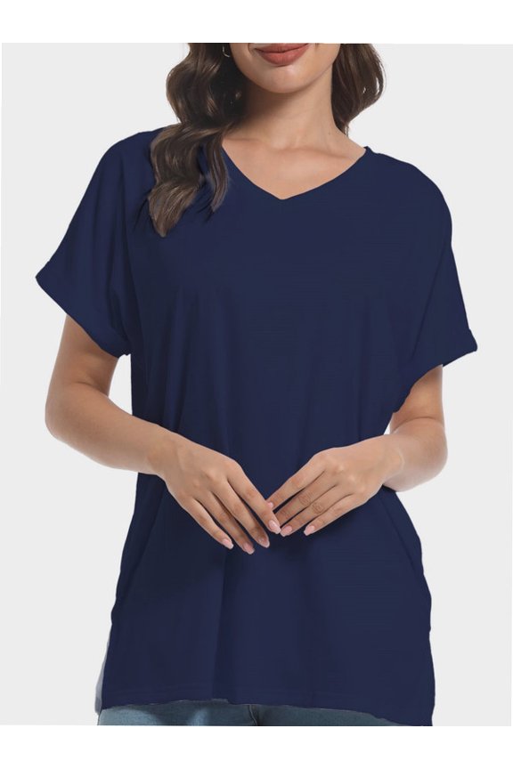 Women's V Neck T Shirts Casual Rolled Short Sleeve Side Split Summer Tops Loose Fit