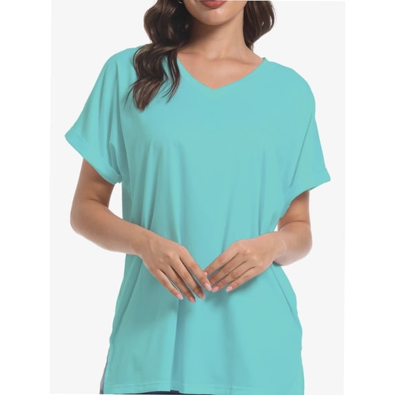 Women's Casual V-Neck T-Shirt - Short Sleeve Loose Fit Top with Side Split & Rolled Sleeve for Summer