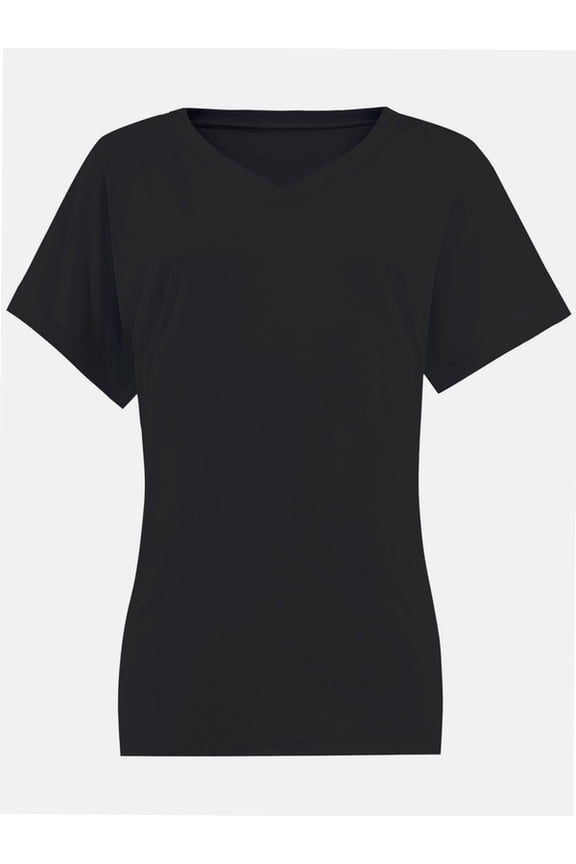 Women's V Neck T Shirts Casual Rolled Short Sleeve Side Split Summer Tops Loose Fit