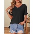 thumbnail image 1 of Women's V Neck T Shirts Casual Rolled Short Sleeve Side Split Summer Tops Loose Fit, 1 of 5