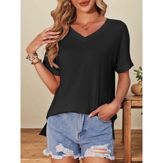 Women's V Neck T Shirts Casual Rolled Short Sleeve Side Split Summer Tops Loose Fit