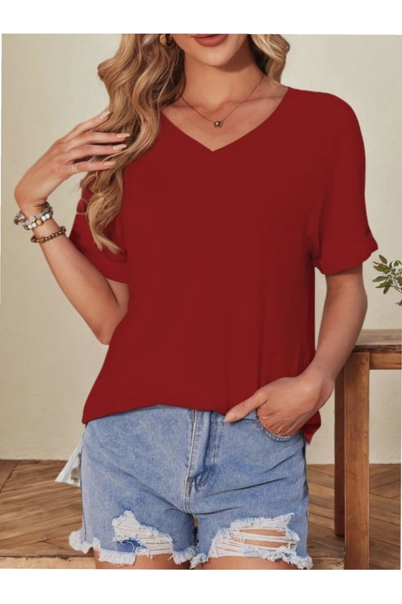 Women's V Neck T Shirts Casual Rolled Short Sleeve Side Split Summer Tops Loose Fit