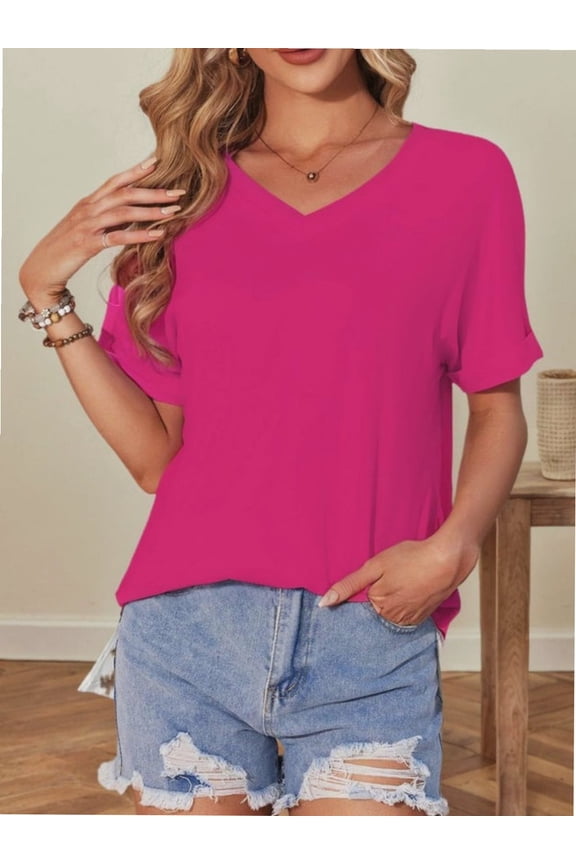 Women's V Neck T Shirts Casual Rolled Short Sleeve Side Split Summer Tops Loose Fit