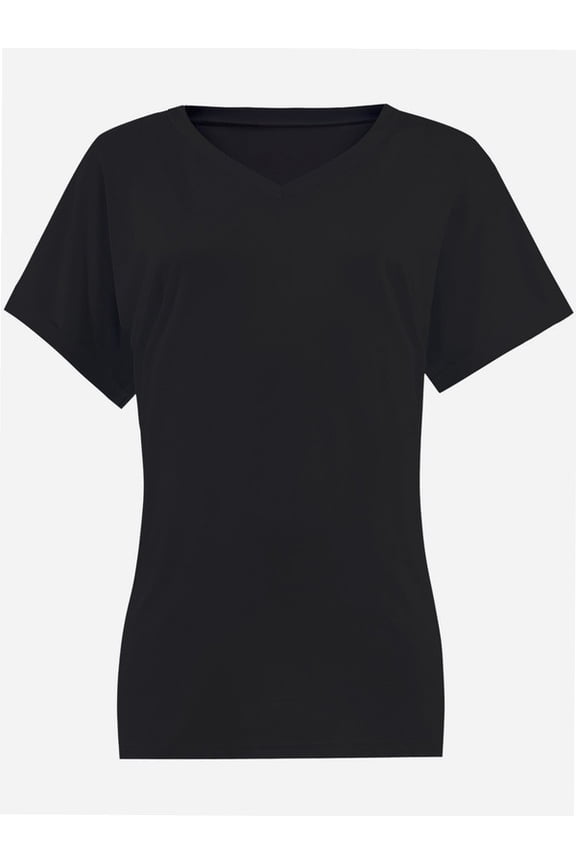 Women's V Neck T Shirts Casual Rolled Short Sleeve Side Split Summer Tops Loose Fit