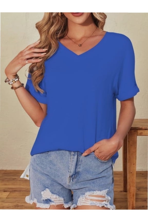 Women's V Neck T Shirts Casual Rolled Short Sleeve Side Split Summer Tops Loose Fit