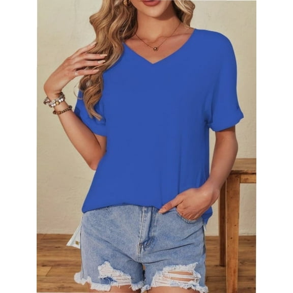 Women's V Neck T Shirts Casual Rolled Short Sleeve Side Split Summer Tops Loose Fit
