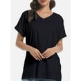 thumbnail image 1 of Women's V Neck T Shirts Casual Rolled Short Sleeve Side Split Summer Tops Loose Fit, 1 of 6