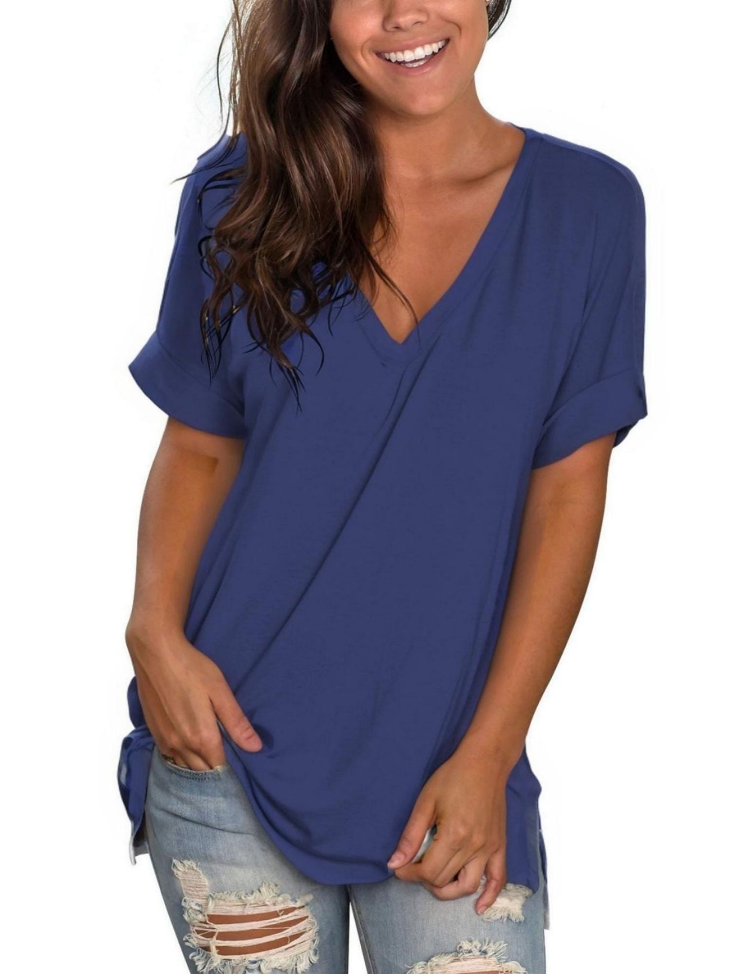 Women's V Neck T Shirts Casual Rolled Short Sleeve Side Split Summer ...