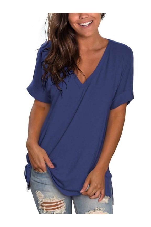 Women's V Neck T Shirts Casual Rolled Short Sleeve Side Split Summer Tops Loose Fit