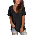thumbnail image 1 of Women's V Neck T Shirts Casual Rolled Short Sleeve Side Split Summer Tops Loose Fit, 1 of 10